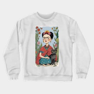 Frida and Her Feline Friend: Cartoon Illustration Crewneck Sweatshirt